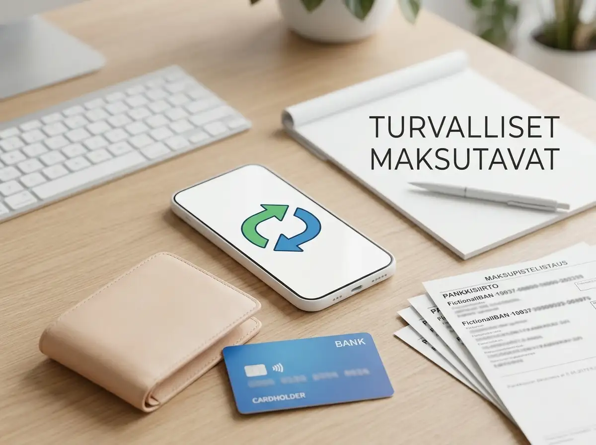 Euroissa kulkevaa talletus- ja kotiutusprosessia kuvaava maksukorttien ja pankkisiirron asetelma
