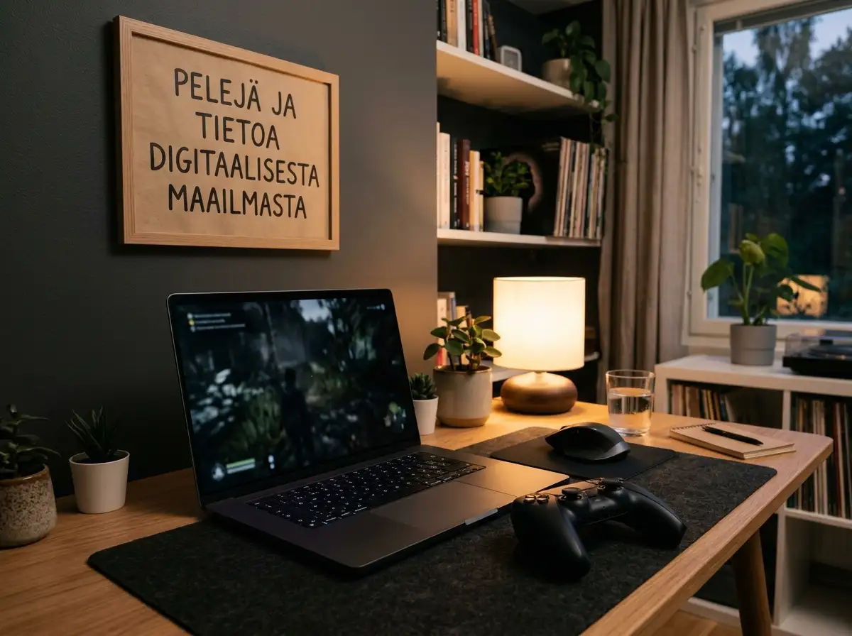 Pöydällä oleva kannettava tietokone ja peliohjain hämärässä huoneessa